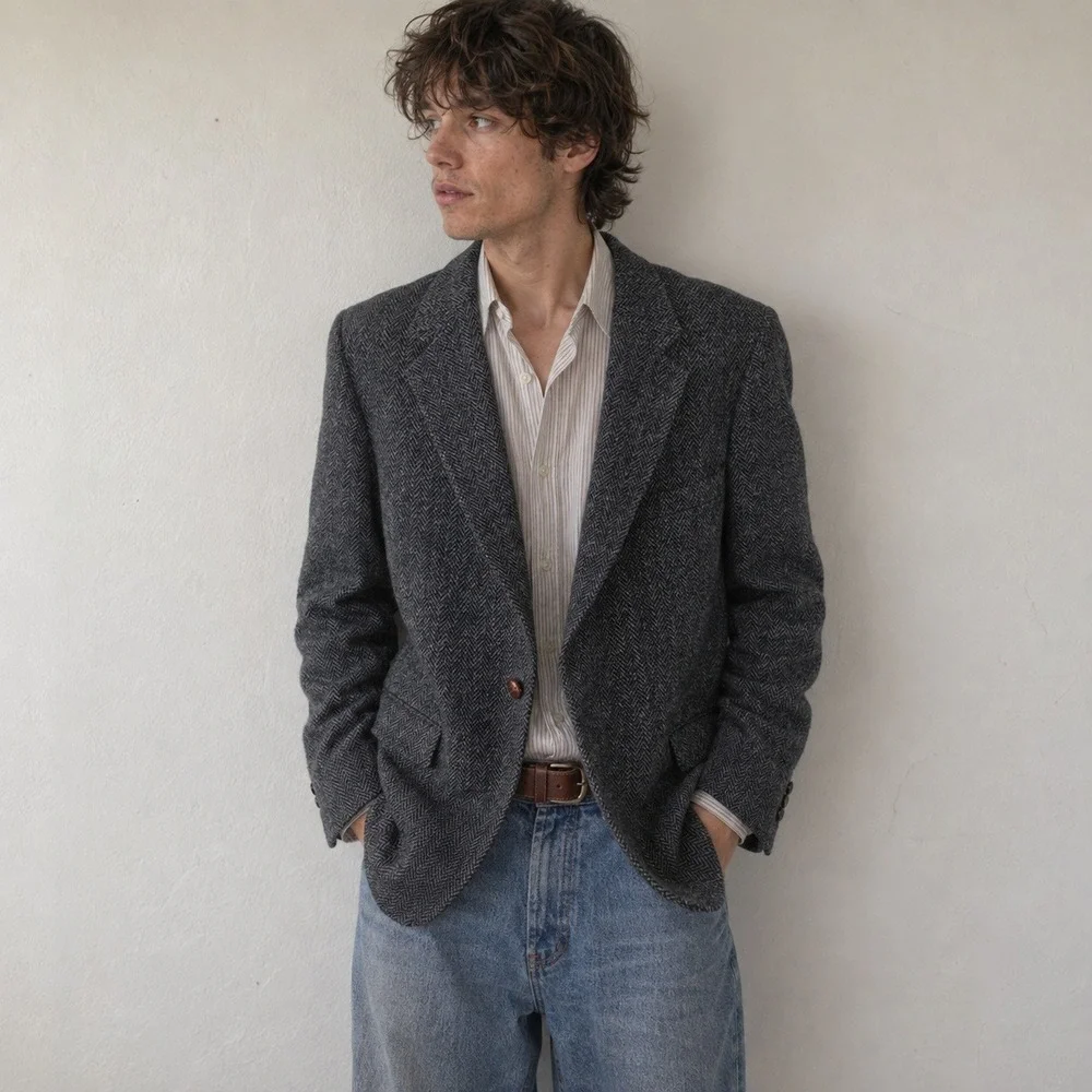 Vintage Harris Tweed Men Blazer XL Gray Herringbone Scottish Wool Academic